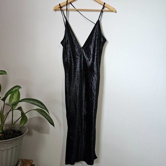 EUC EXPRESS BLACK SATIN FEEL DEEP V NECK SPAGHETTI STRAP MIDI DRESS SIZE 14 - Picture 6 of 14